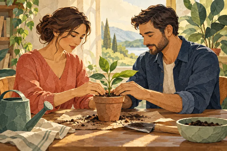 Birlikte genç bir bitkiye bakım yapan çift illüstrasyonu.