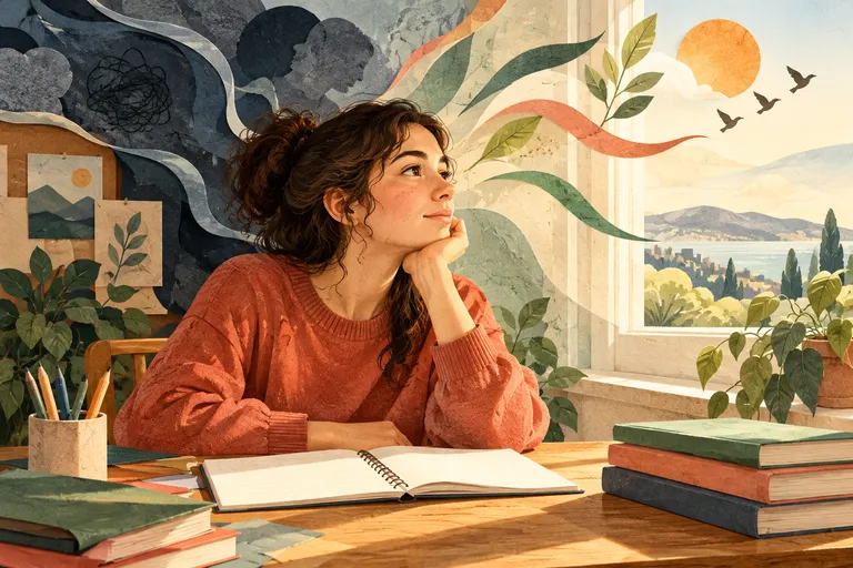 Pencere yanında ders kitaplarıyla oturan bir genci betimleyen illüstrasyon.